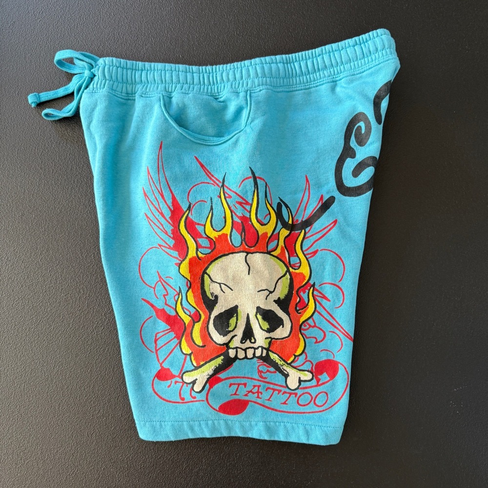 Y2K Ed Hardy Sweat Shorts Mens Large Blue Skull Tattoo Graphic Fleece Lounge